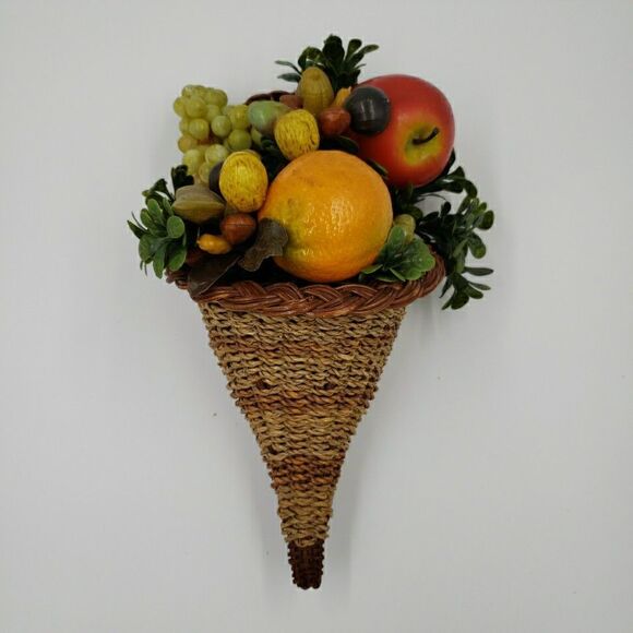 Vtg Cornucopia Basket FALL Centerpiece Horn of Plenty Fruit Nuts Thanksgiving - Picture 2 of 16